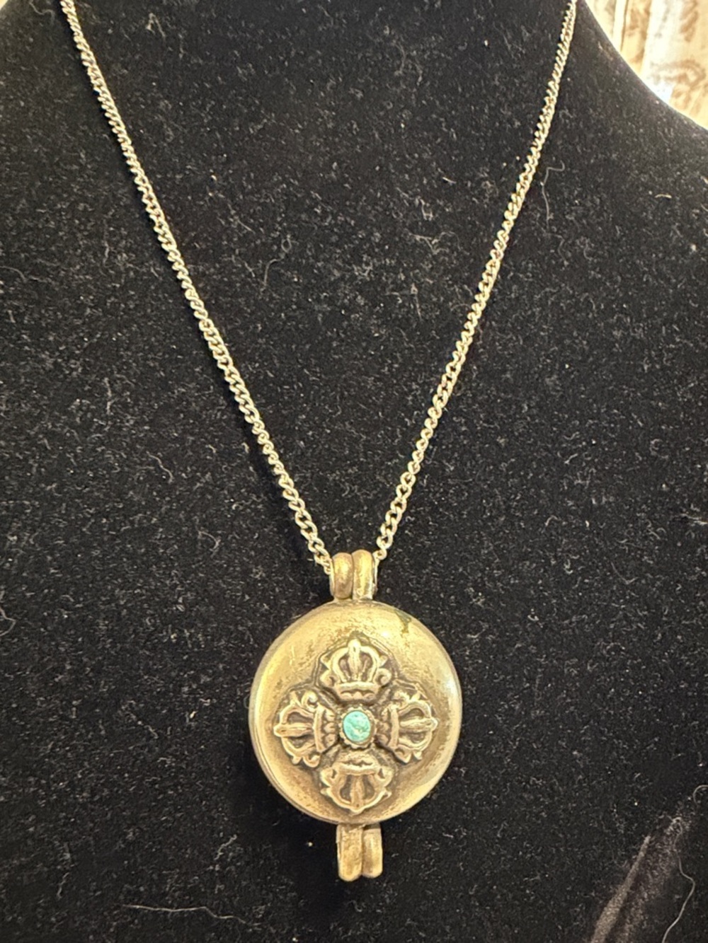 Vintage Silver Filigree Prayer box Pendant Necklace with Turquoise Accent